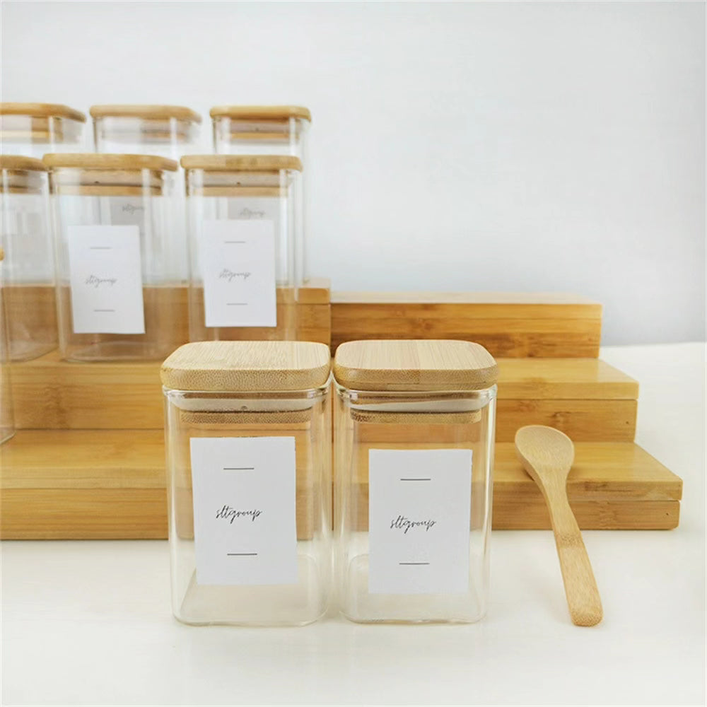 12pcs Square Glass Spice Jar Set with a Wooden Bamboo Stand