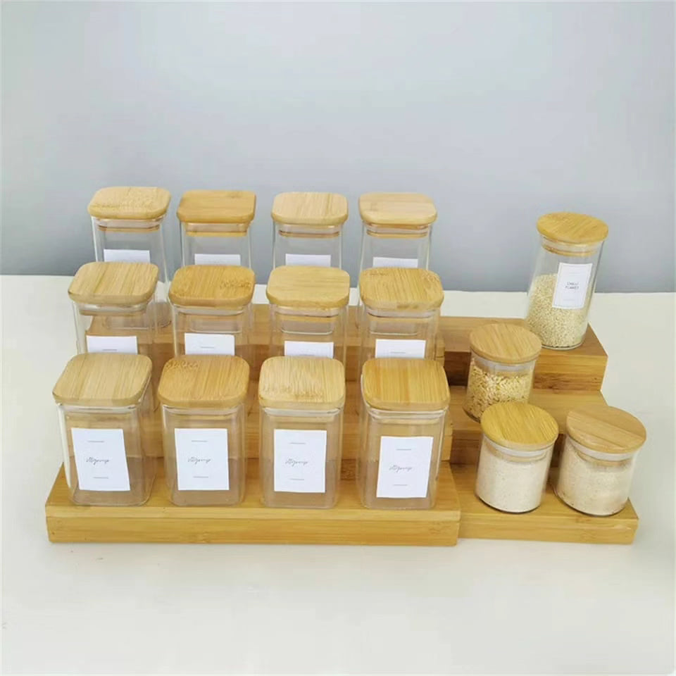 12pcs Square Glass Spice Jar Set with a Wooden Bamboo Stand