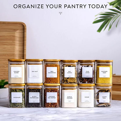 12pc square glass spice jar set with a wooden bamboo stand