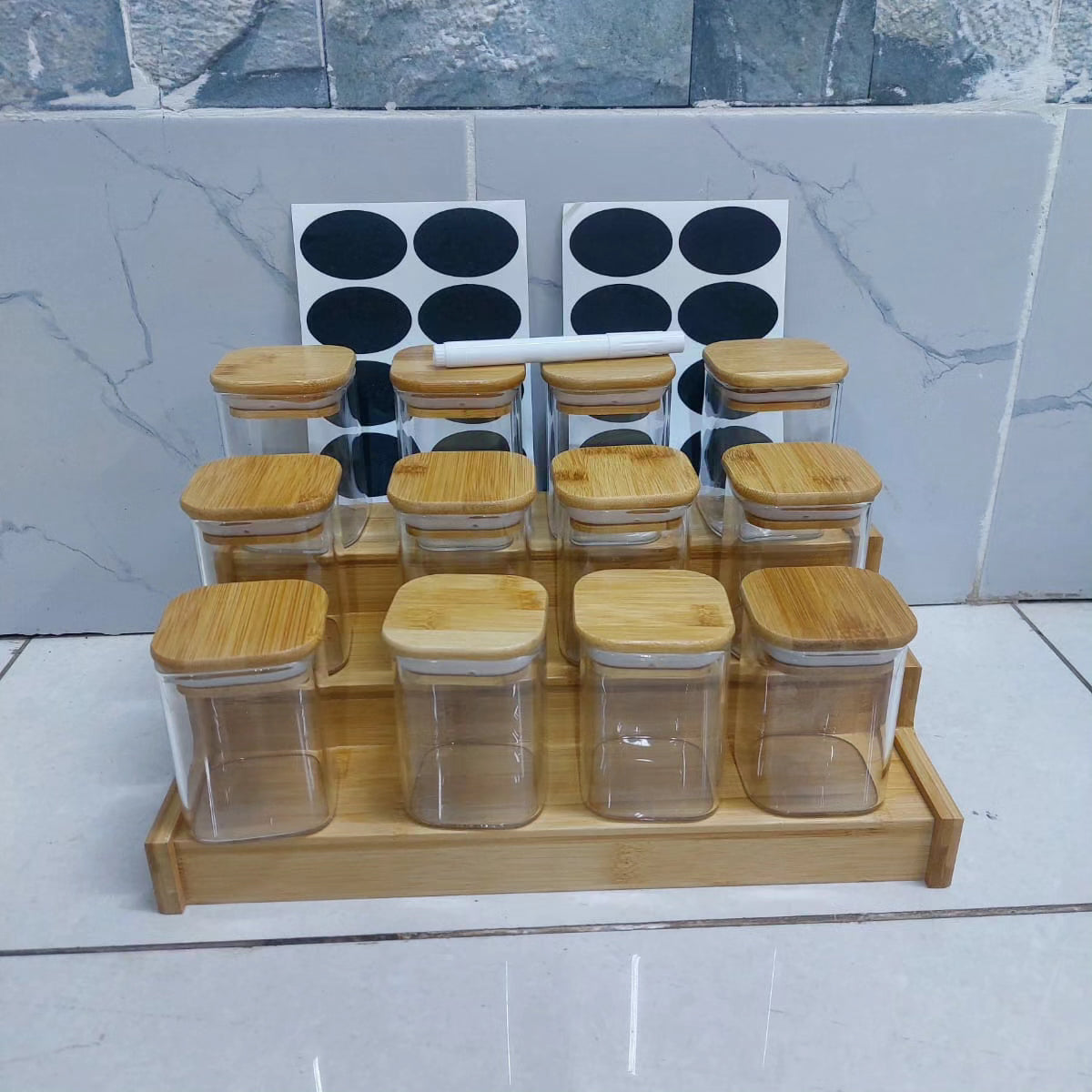 12pcs Square Glass Spice Jar Set with a Wooden Bamboo Stand