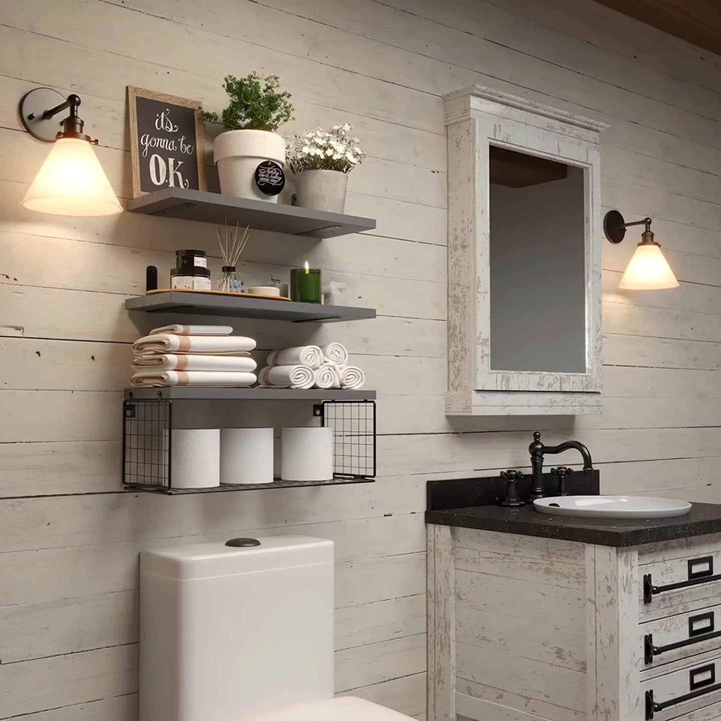 Grey Wood Bathroom Floating Shelves