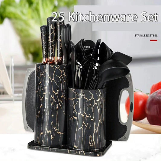 25pcs Marble Silicone Spoon Set with a Knife Set