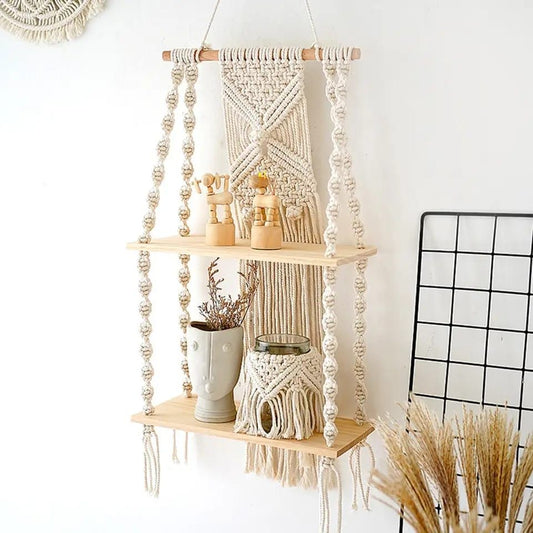 Woven 2 Tier Bohemian Wall Hanging Floating Shelves