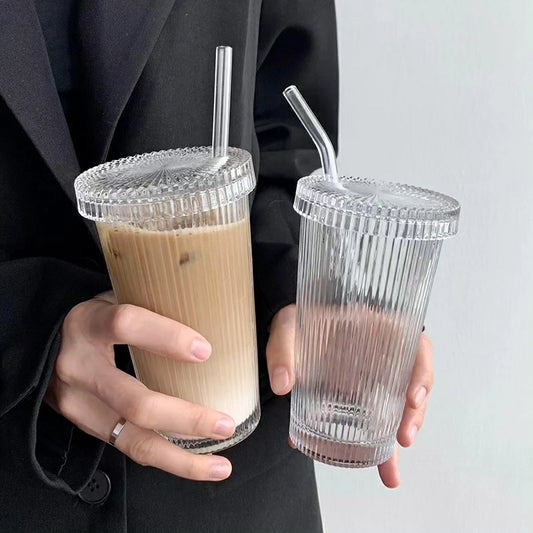 375ml Ribbed Glass Cup with Straw