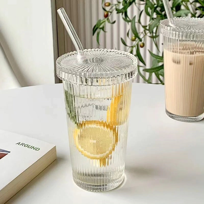 375ml Ribbed Glass Cup with Straw