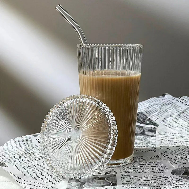 375ml Ribbed Glass Cup with Straw