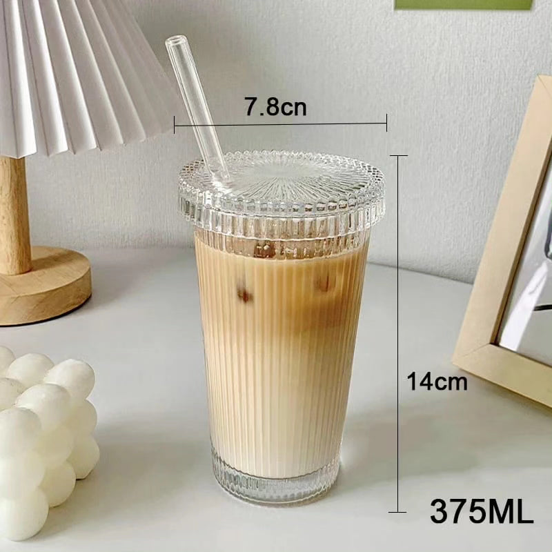 375ml Ribbed Glass Cup with Straw