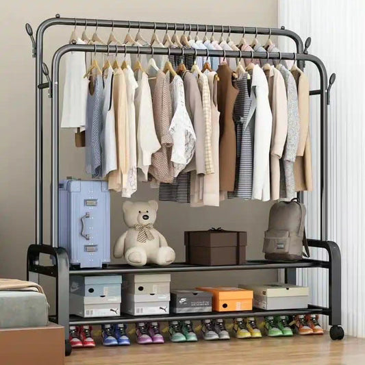 Double Pole Clothing Rack with Wheels and Shoe Rack