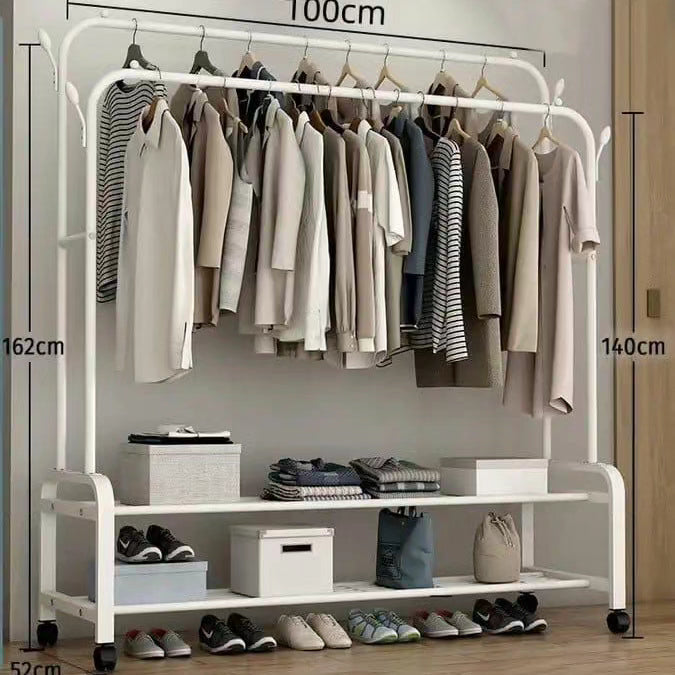 Double Pole Clothing Rack with Wheels and Shoe Rack