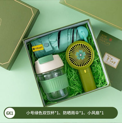 Fan Umbrella and Glass Bottle Gift Set