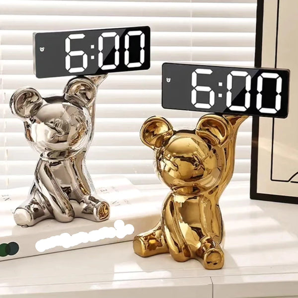 Personality Bear Money Box and Alarm Clock Silver
