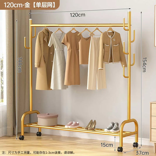 LUXURY GOLD METAL CLOTHES HANGING RACK WITH SHELF AND SIDE HOOKS