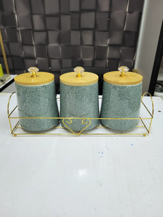 3pcs Ceramic Canister Set with Metallic Stand