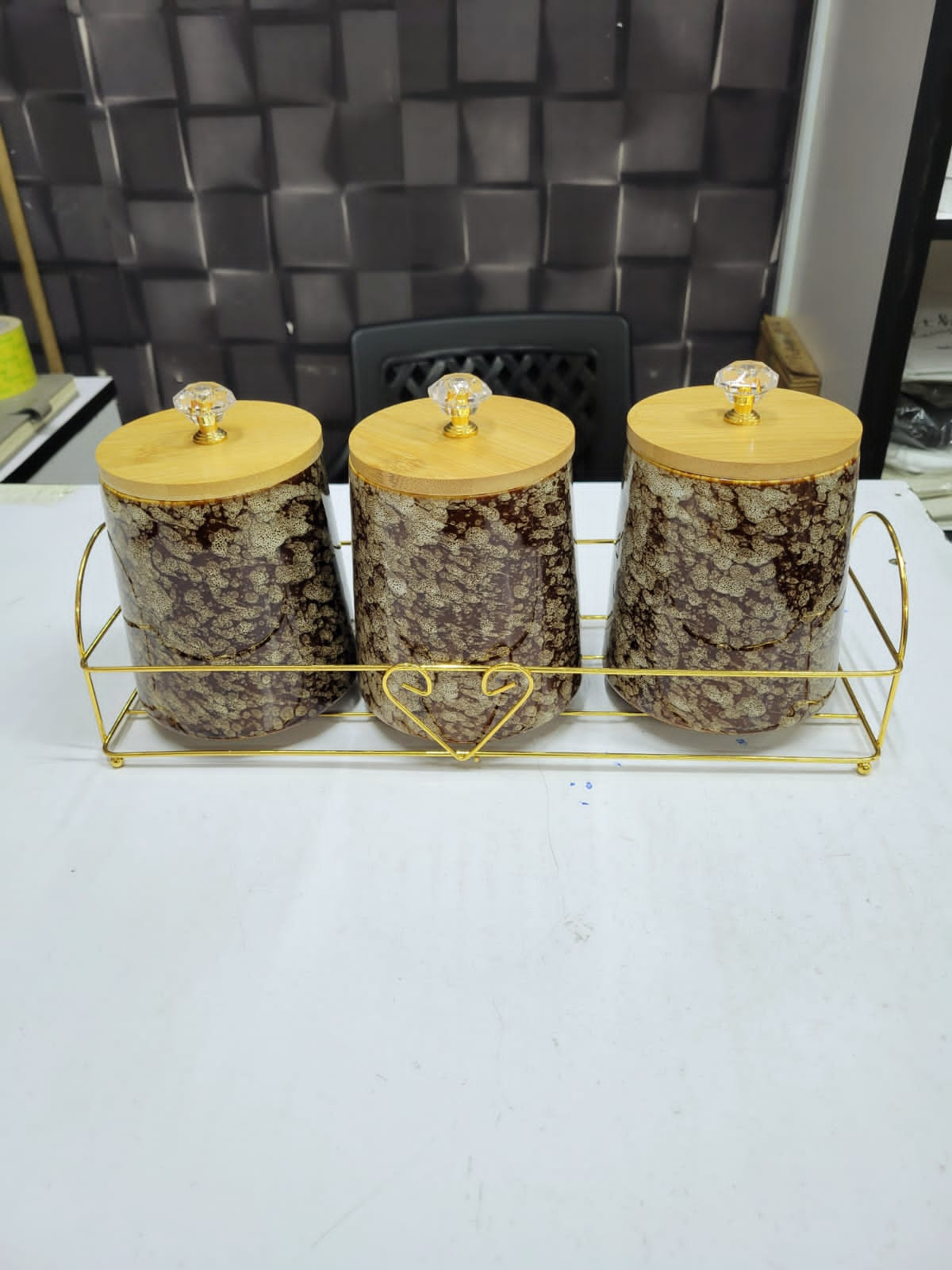 3pcs Ceramic Canister Set with Metallic Stand