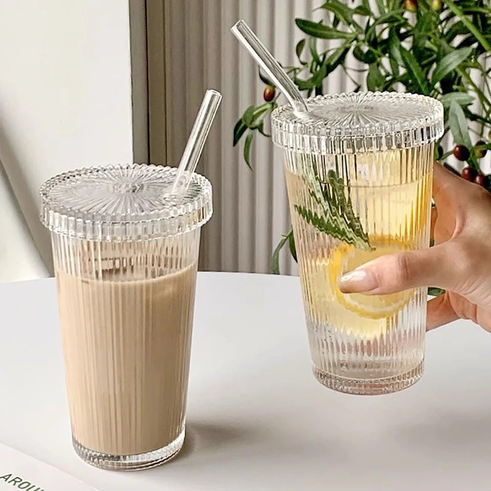 Glass Cup with Lid and Straw