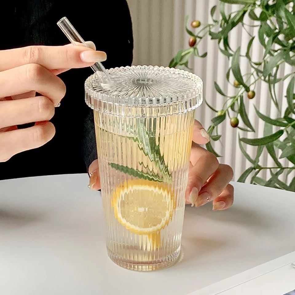 Glass Cup with Lid and Straw