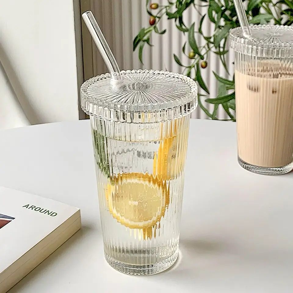 Glass Cup with Lid and Straw