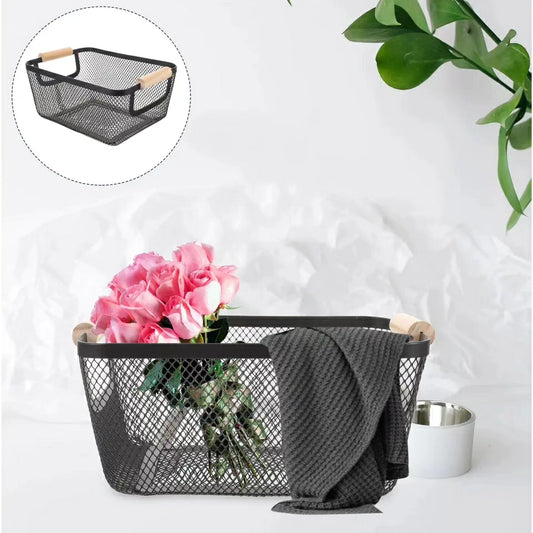 Iron Mesh Storage Basket with Wooden Handle