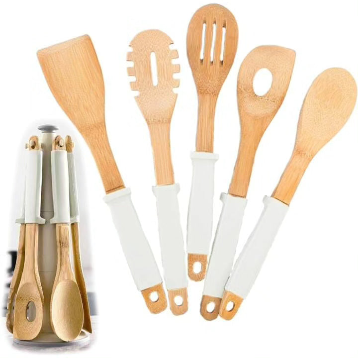 5pcs Bamboo Silicone Serving Spoons with Stand