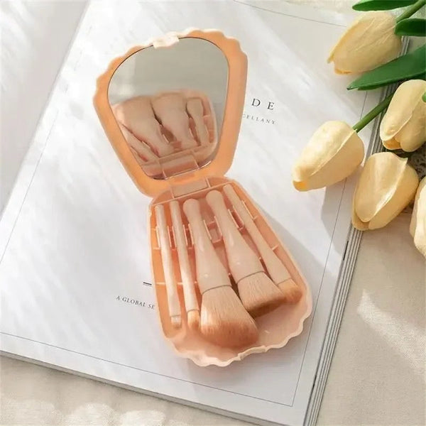Portable 5-Piece Makeup Brush Set with Compact Shell Mirror