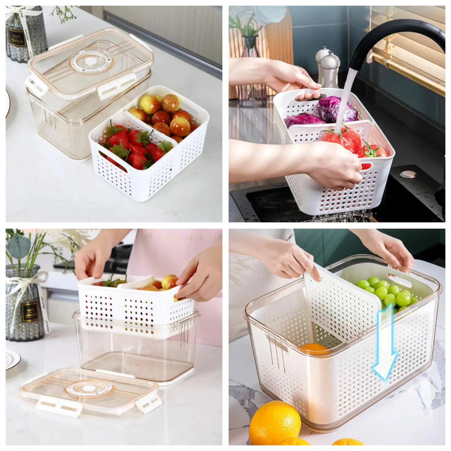 3pcs Airtight Fridge Storage Box with Drain Basket