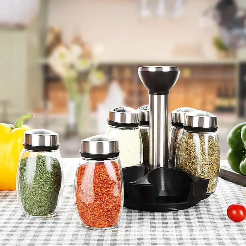 Rotating Seasoning Glass Jar Storage Set