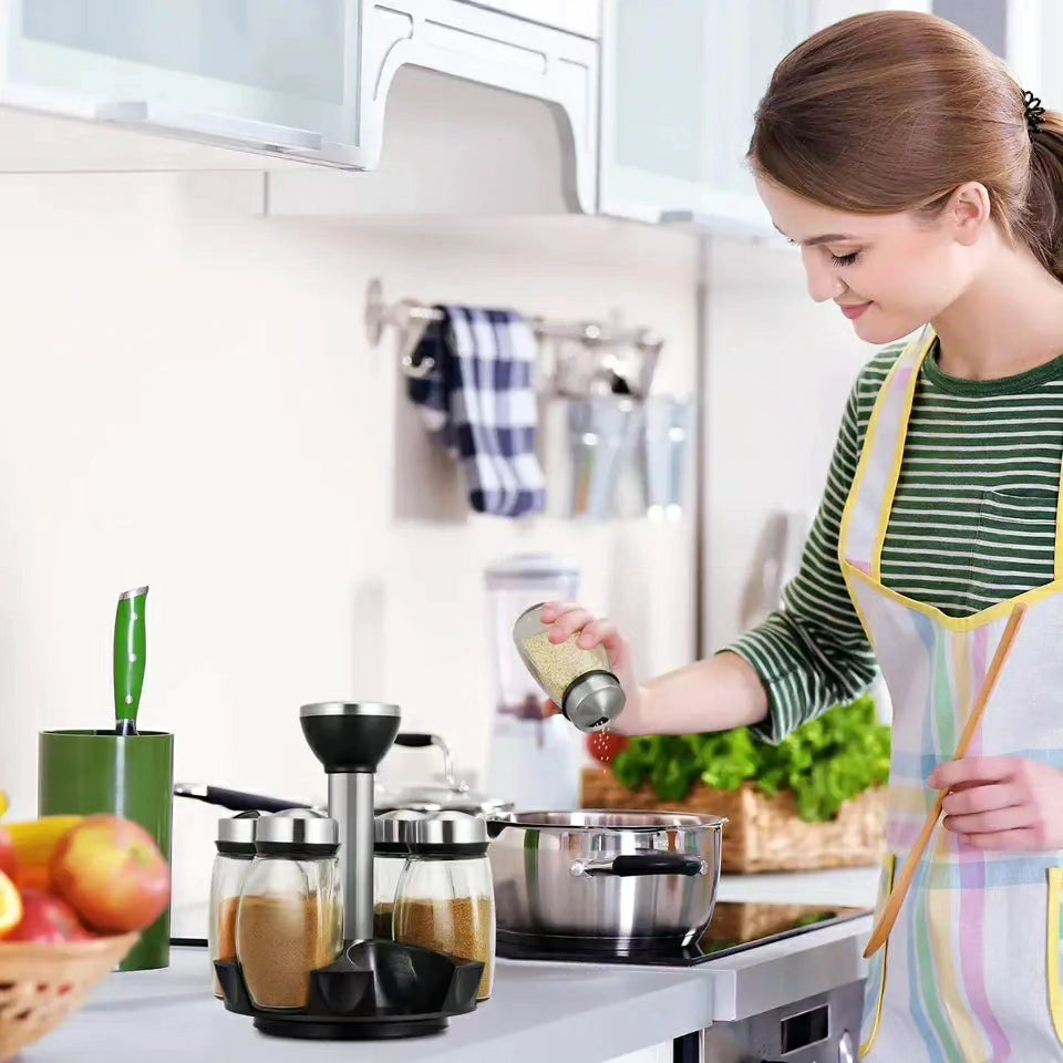 Rotating Seasoning Glass Jar Storage Set