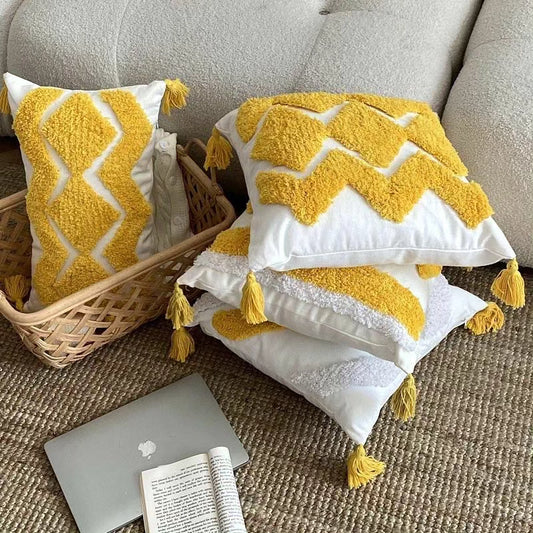 Mustard Yellow/White Pillow Covers with Tassels