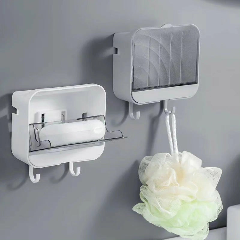 Wall Mounted Drain Soap Dish Holder with Case and Hooks