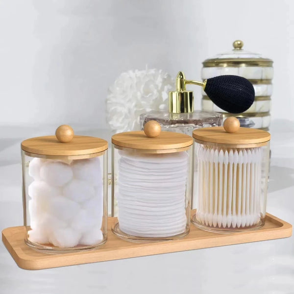 3-Piece Clear Acrylic Storage Jars with Bamboo Lids and Tray