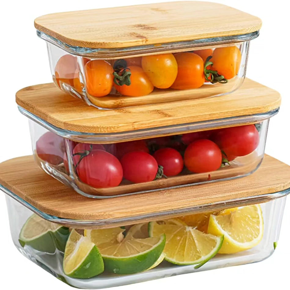 3pcs Glass Bowl Storage Containers with Bamboo Lid