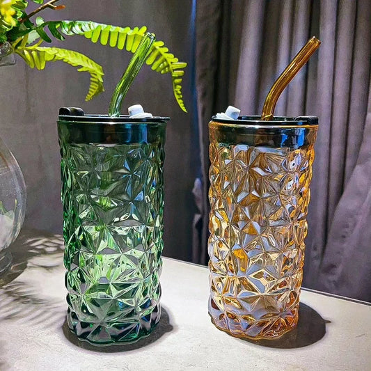 Cute Crystal Like Glass Tumbler with Glass Straw