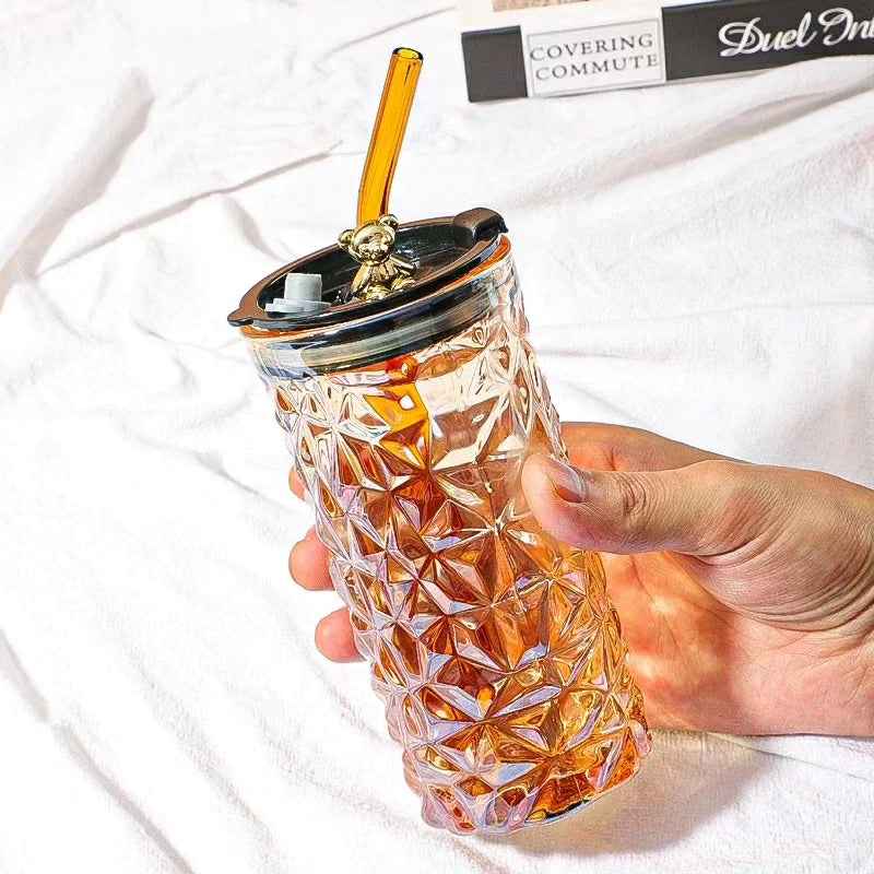 Cute Crystal Like Glass Tumbler with Glass Straw