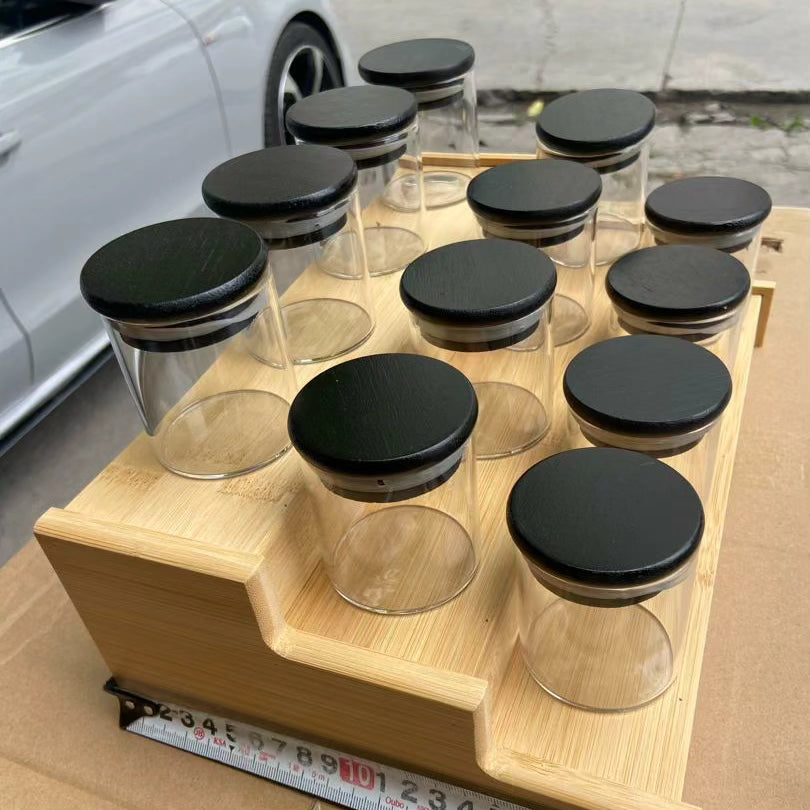 12pcs Glass Spice Jars with Bamboo Black Lids + Stand