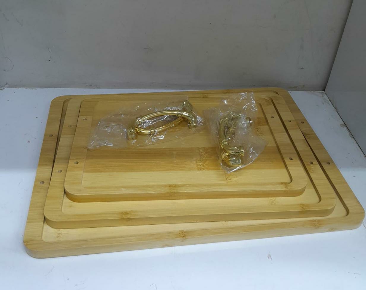 3 in 1 Bamboo Serving Tray with Gold Rim Handles