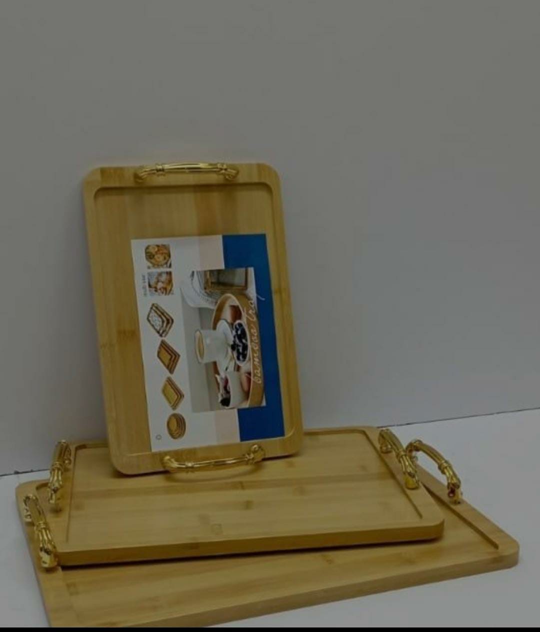 3 in 1 Bamboo Serving Tray with Gold Rim Handles