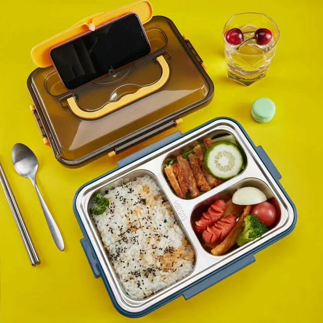 3 Grid Stainless Steel Lunch Box with Spoon and Chopstick BlackNov