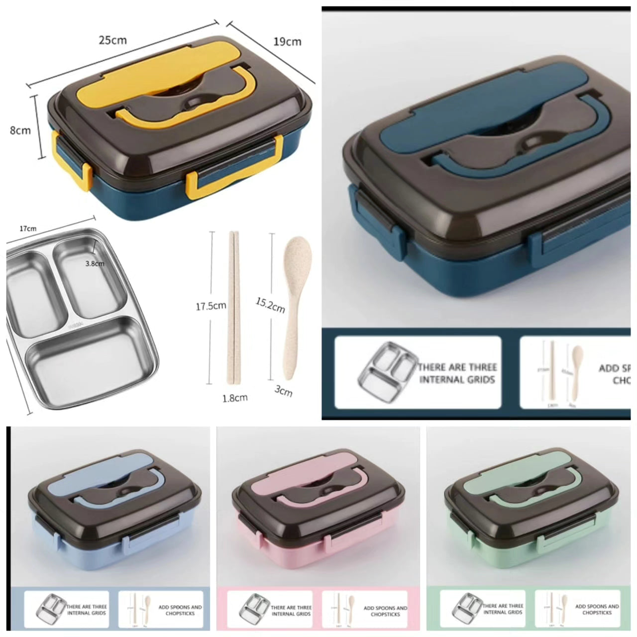 3 Grid Stainless Steel Lunch Box with Spoon and Chopstick BlackNov