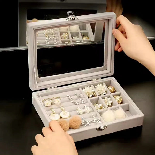 Jewelry Storage Box Ring Tray and Earring Holder with Clear Glass Cover