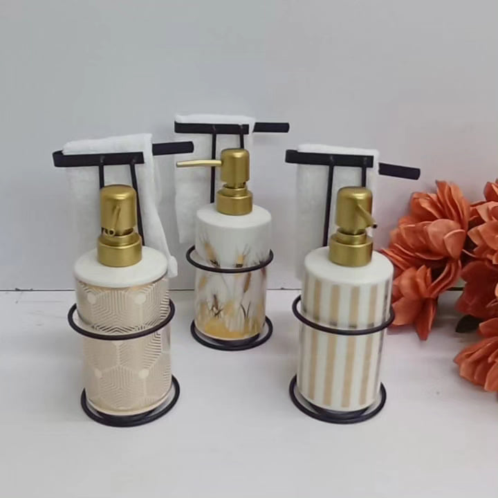 Soap dispenser with metallic stand and face towel