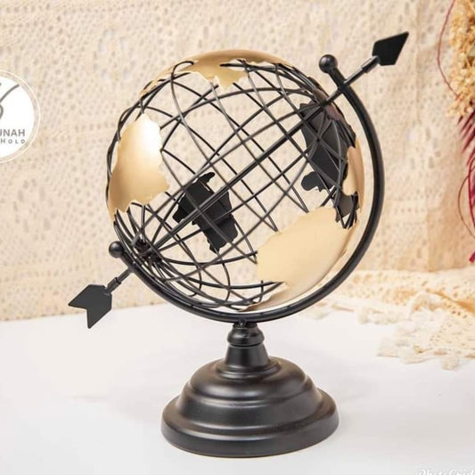 Vintage Style Metal Decorative Globe with Black Wire Frame and Gold Base