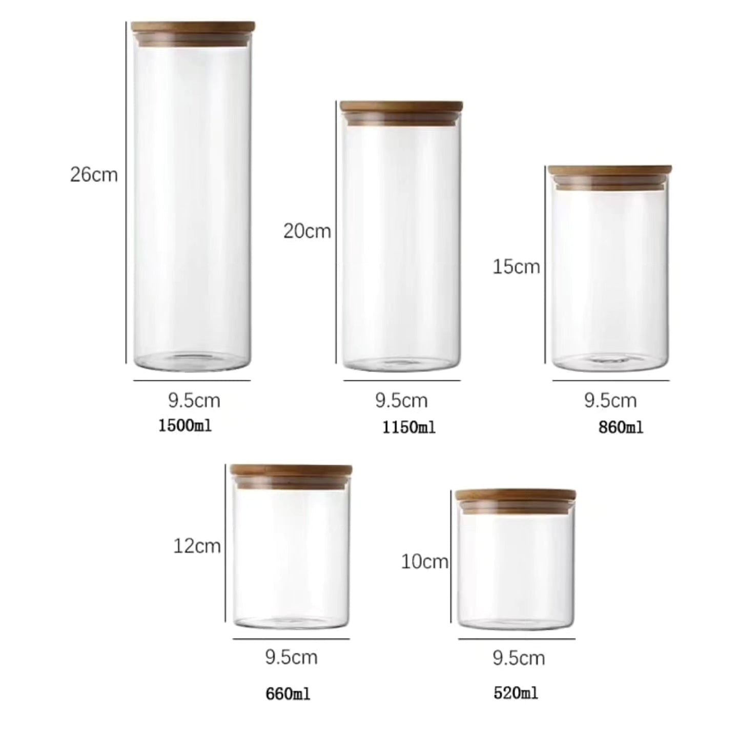 Set of 5 Glass jars with bamboo lids