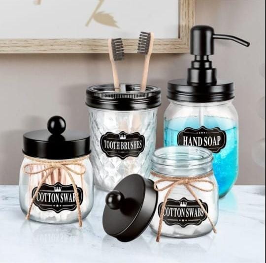 Mason Jar Bathroom Accessories with Black Lids