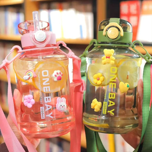 1000ml Cute Water Bottle with Straw and Strap