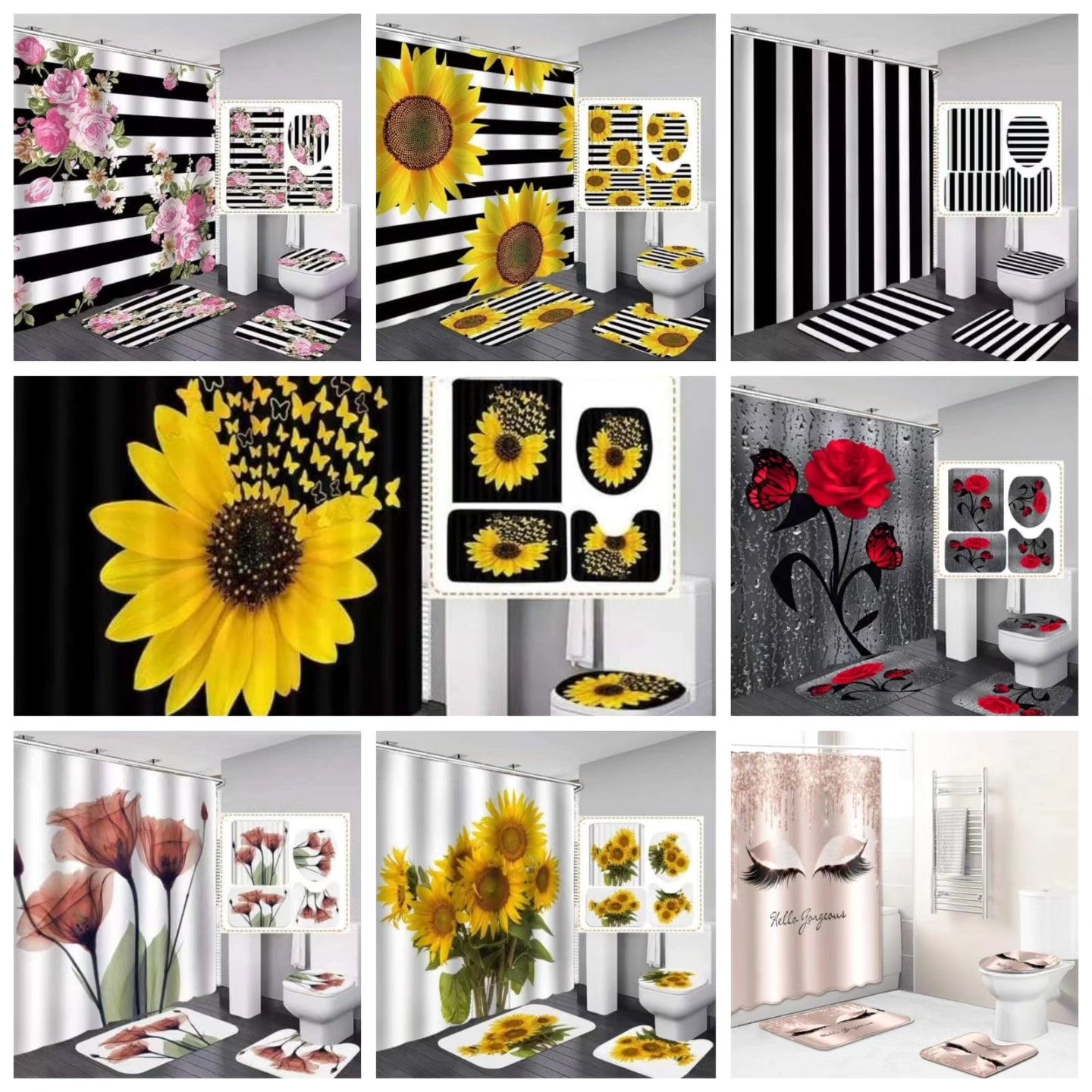 4Pc Bathroom mats and shower curtain