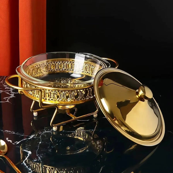 Chaffing dish 1pc round glass and gold food warmers