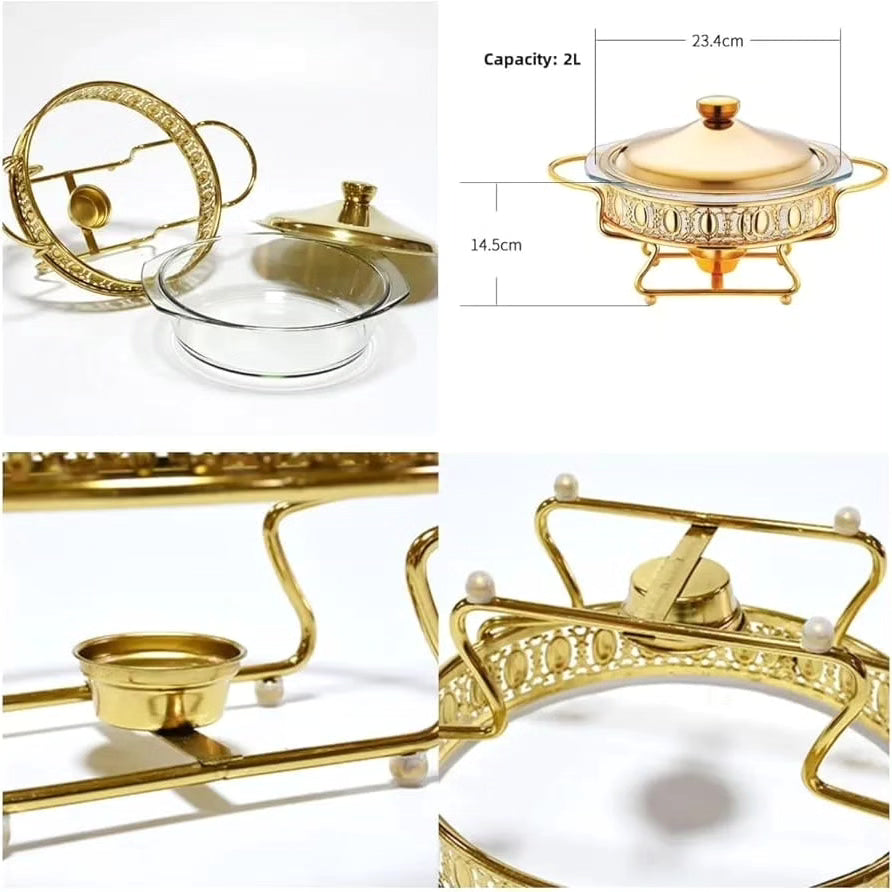 Chaffing dish 1pc round glass and gold -food warmers