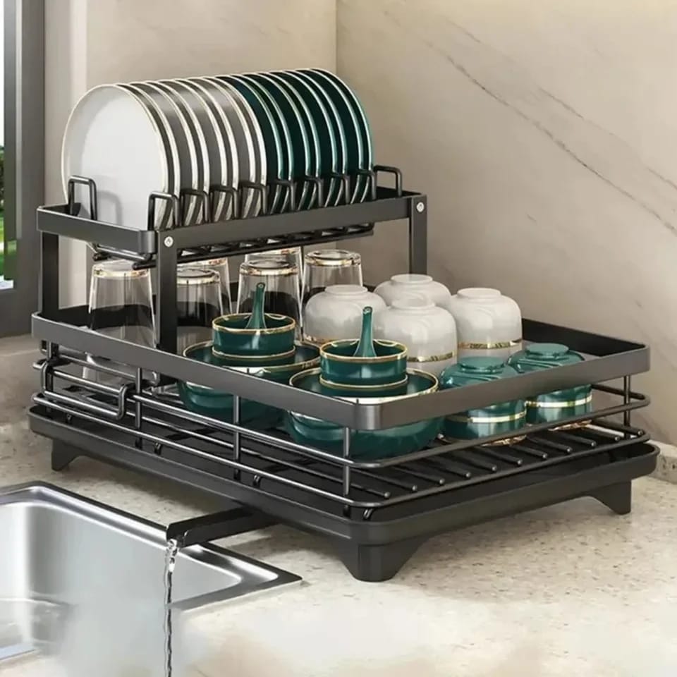 2 Tier Dish Rack with Cutlery Holder and Chop Board Holder