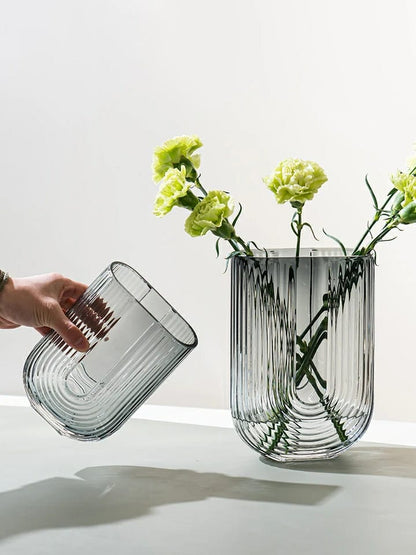 U Shaped ribbed glass flower vase