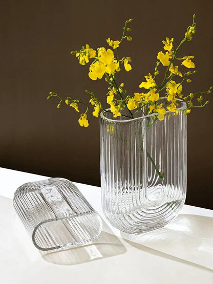 U Shaped ribbed glass flower vase